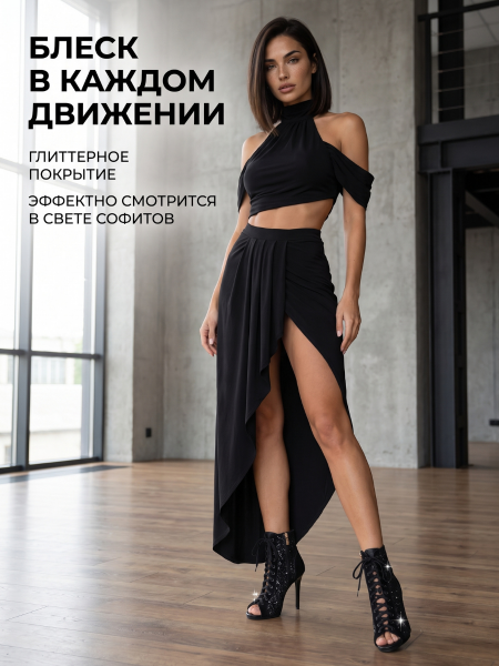 Туфли хилсы для танцев LIZARDI Черная замша-Глиттер